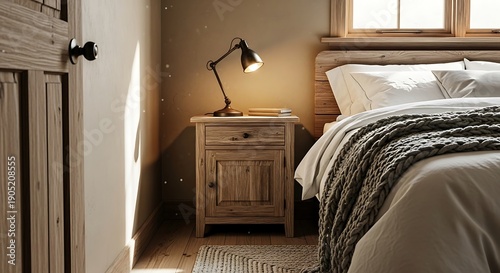 Rustic bedroom interior features natural wood furniture illuminated by warm bedside lighting
