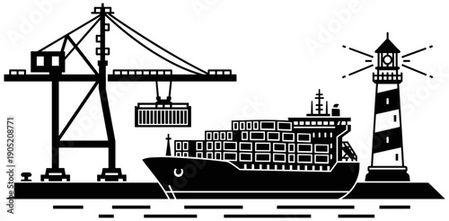 Cargo ship at port with crane and lighthouse, maritime trade illustration symbolizing global shipping, logistics, and navigational safety infrastructure