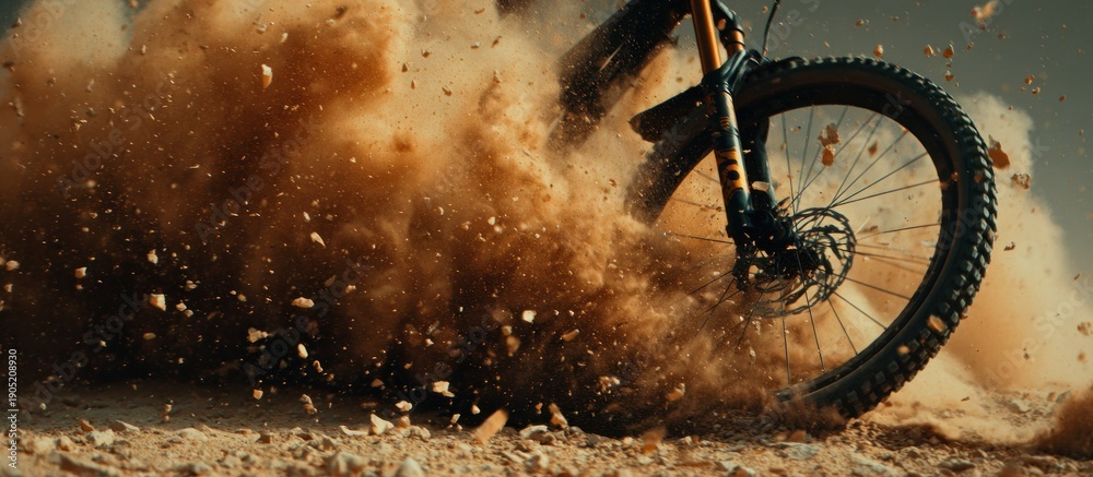 Fototapeta premium Mountain bike wheel kicking up dust and dirt during a ride.