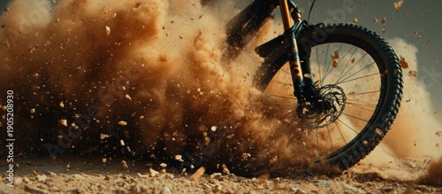 Mountain bike wheel kicking up dust and dirt during a ride.