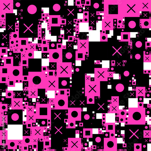 A vibrant pink digital pattern composed of small squares, circles, and symbols. This abstract grid represents big data flow and fintech systems.