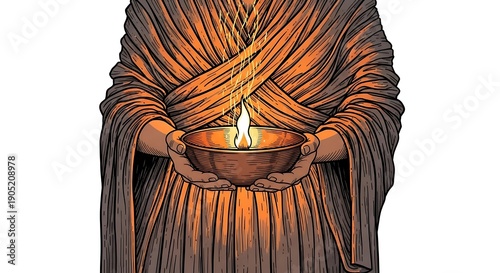 Person Holding a Bowl with a Burning Flame, Spiritual Light.