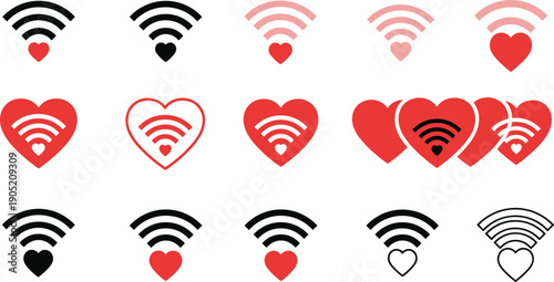 Wi-Fi heart icon illustration set, digital love artwork, online connection graphic design, technology romance vector, connectivity symbol pack, colorful design collection