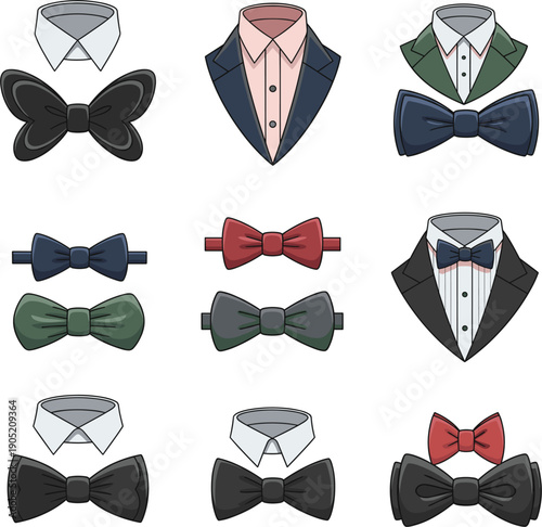Vector illustrations of various stylish bow ties and formal shirt collars for men's fashion and wedding concepts।