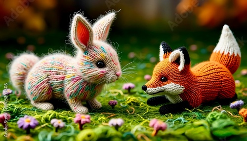 knitted rabbit and fox toys