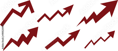 Financial Growth Arrow Set with Rising Business Graph and Upward Success Chart Symbols in Maroon Red Color