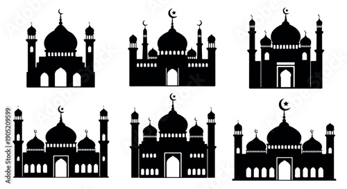 Collection of six black silhouette mosque icons with domes and minarets on a white background, featuring various architectural details and crescent moons.
