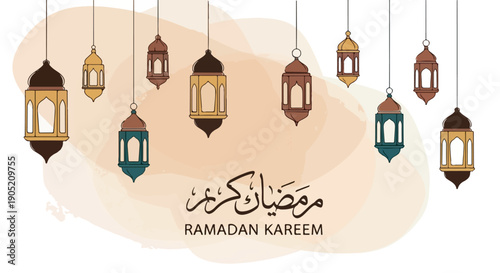 Flat lay of colorful lanterns hanging with Ramadan Kareem greeting in Arabic and English on a beige background