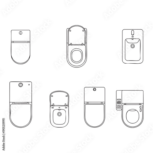 Various styles of bidet toilet attachments and seats in line white