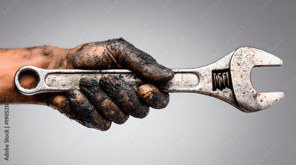 Obraz premium Greasy Dirty Hand Holding Large Steel Adjustable Wrench Against Plain Grey Background 