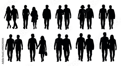 Collection of black silhouettes of people walking in pairs and groups on a white background.