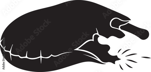 Bitten black silhouette of juicy fruit or vegetable splashing liquid with messy edges