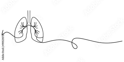 Continuous Line Lungs, Minimalist line art of human lungs with continuous line extending outward, symbolizing health and respiration