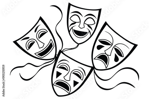 Three Black and White Comedy Tragedy Theater Masks with Expressive Faces comedy mask tragedy mask drama