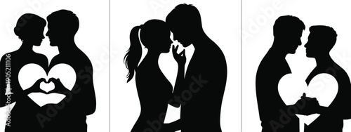 Romantic couple silhouette illustration, love gesture design, heart symbol art, affectionate relationship, Valentine’s Day concept, intimacy expression, romantic connection