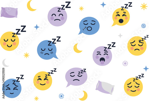 Vector illustrations of cute sleeping emoji faces with pillows moon and stars for rest and fatigue concepts।