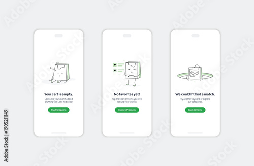 Empty state illustration for online shop app, cart empty, no favorites, empty wishlist, product not found, no match