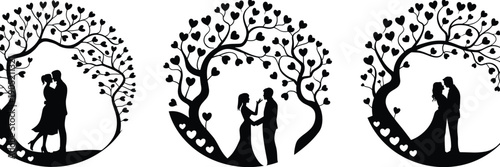 Romantic couple silhouette illustration, love tree design, heart leaf art, affectionate relationship, Valentine’s Day concept, intimacy expression, circular frame graphic