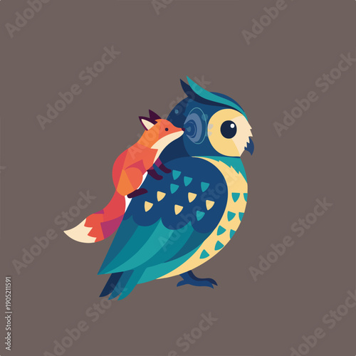 A whimsical vector illustration depicts a small orange fox intimately whispering into the futuristic ear of a large, stylized blue and yellow owl.