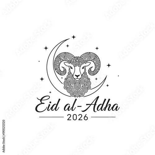 Eid al-Adha 2026 text with ornate ram head and crescent moon icon for Islamic holiday celebration and religious festival greeting card logo