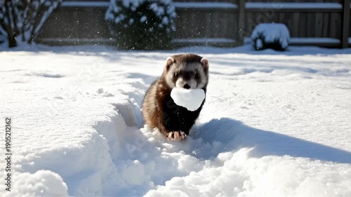 Ferret frolics in the snow, enjoying a winter wonderland adventure.