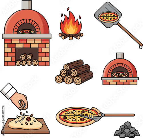 Vector illustrations of traditional brick pizza ovens wood fire and preparation tools for italian restaurant concepts।
