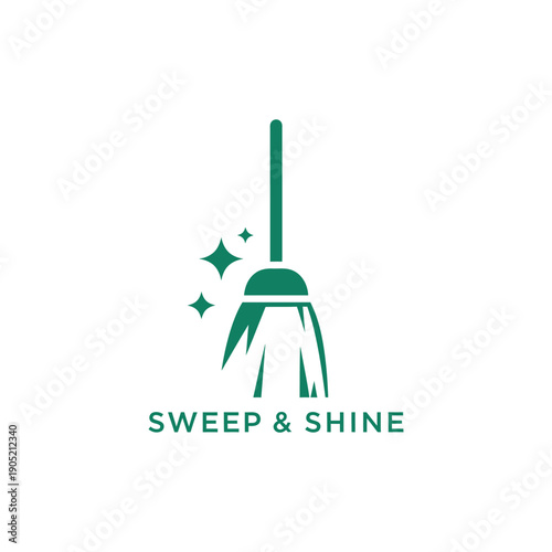 Broom and sparkle icon for professional housekeeping or janitorial service logo design featuring Sweep & Shine text for cleaning business