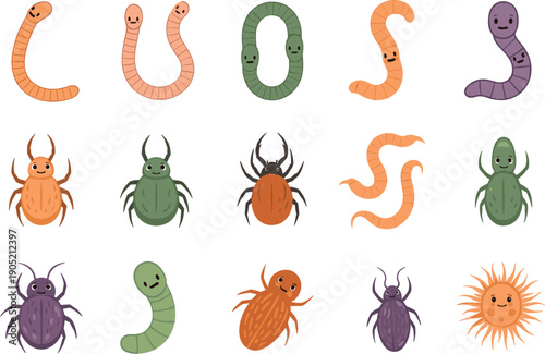 Vector illustrations of cute cartoon insects worms and parasites for nature and biology education concepts।