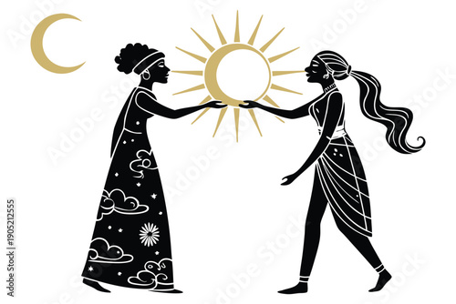 Two Silhouetted Women Holding Sun Between Hands Minimalist Black Gold Celestial