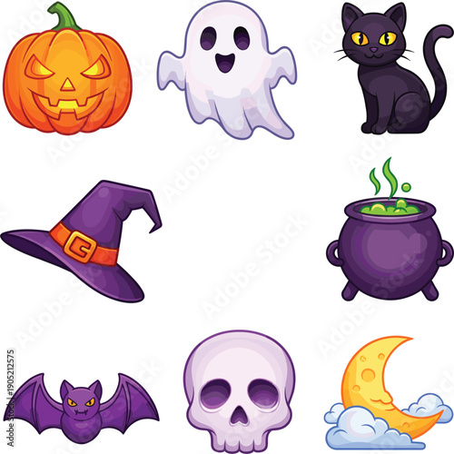 Vector illustrations of cute Halloween icons including pumpkin ghost black cat and witch hat for spooky celebration concepts।
