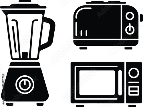 Black silhouette icons depict a blender microwave oven and kitchen appliances high-quality professional detailed modern