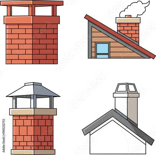 Vector illustrations of residential house chimneys and rooftop vents for home construction and architectural concepts।