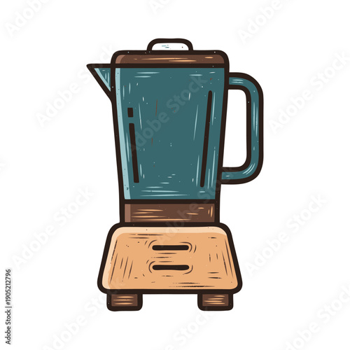 Teal and brown blender on a wooden base kitchen appliance