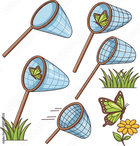 Vector illustrations of butterfly nets and green butterflies in nature for outdoor activity and hobby concepts।