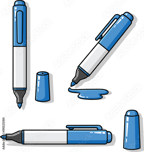 Vector illustrations of blue felt tip markers in various positions including writing and capped for office and school concepts।