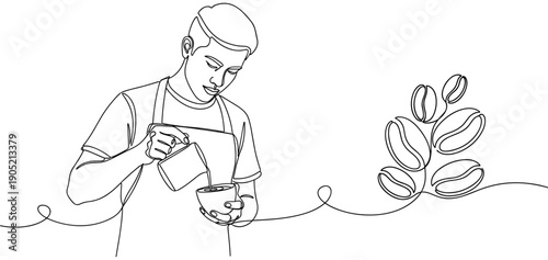 Minimalist barista pouring coffee with apron, continuous line art featuring pitcher, cup, and coffee beans, symbolizing coffee culture