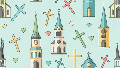 Seamless Pattern of Colorful Church Buildings Crosses and Hearts for Religious Backgrounds