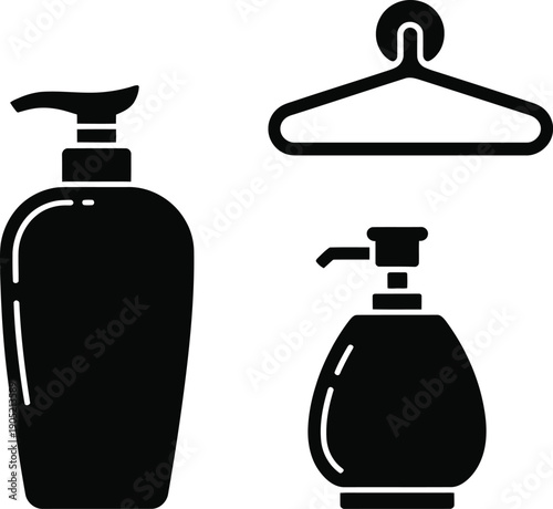 A black and white illustration depicts a soap dispenser and a clothes hanger showing cleanliness high-quality professional detailed modern elegant