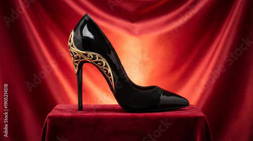 A stylish black high heel featuring a gold accent, set against a striking red backdrop that represents luxury and elegance.

