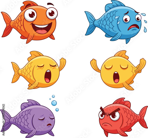 Vector illustrations of colorful cartoon fish with various emotional expressions and character designs।
