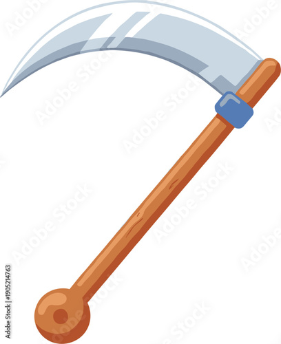 Vector illustration of a traditional scythe with curved metal blade and wooden handle for farming concepts।