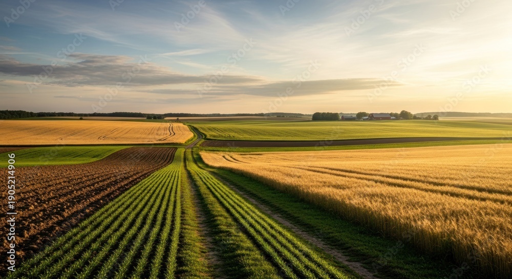 Obraz premium Agricultural landscape with fields and a road under a blue and cloudy sky