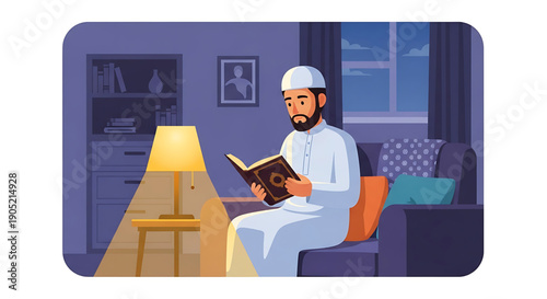 A Muslim man reading the Quran in a cozy living room at night, illuminated by a warm lamp, embodying peace and devotion