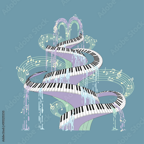Flat Pastel Vector Music Fountain Piano Keys Ribbons Minimal Illustration Design Surreal Art