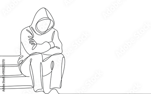 Person in Hoodie Sitting Arms Crossed Single Line