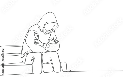 Person in Hoodie Sitting Arms Crossed Single Line