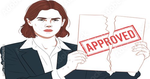 Angry businesswoman rips apart a document stamped with a red 'Approved' seal, showing frustration.