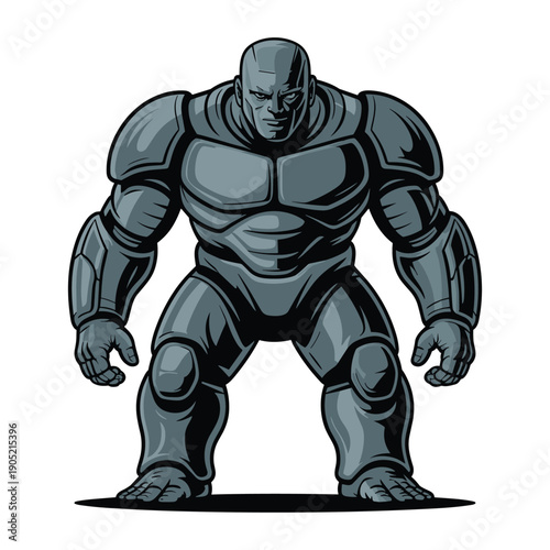 Powerful muscular armored warrior character in standing pose with a very strong metallic armor design