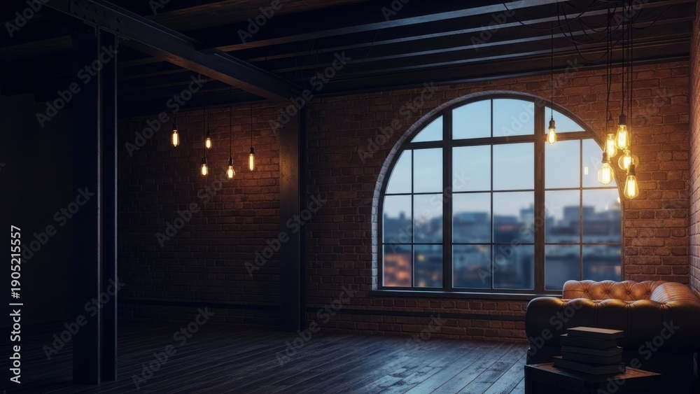 Fototapeta premium A spacious industrial-style room with a large arched window and exposed brick.