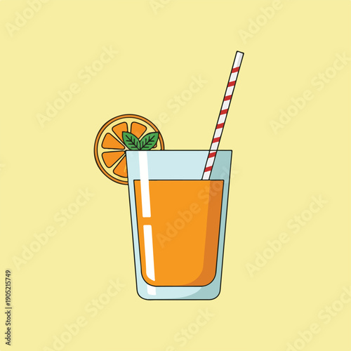 Illustration of an orange juice in a glass with a straw and garnish
